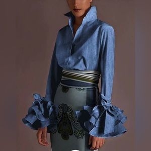 Ursime dark blue long sleeve blouse SZ L with feminine ruffled bell sleeves
